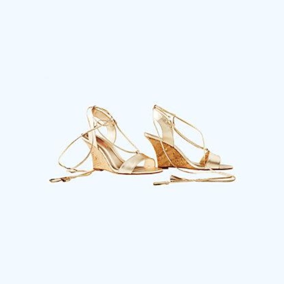 Lilly Pulitzer Aria Cork Wedge Heel Gold Leather Pump Sandal Lace Up Dress Shoes - Picture 12 of 12